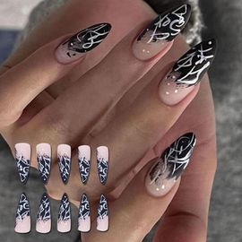 Faux Ongles À Pression Pour Fille, 24 Pièces, Couverture Complète, Style Vintage, Graffiti, Français, Bout Long, Noir, Blanc 