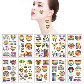 Autocollants De Visage Arc-En-Ciel, 10 Pièces, Papier De Tatouage Temporaire Étanche, Jour De La Fierté Gay, Roses, Drapeaux Lèvres Amour C¿Urs 
