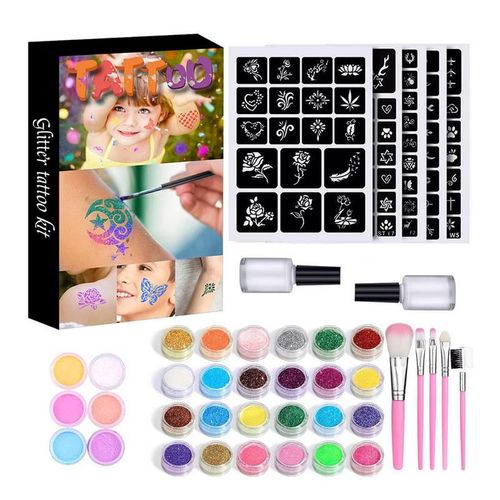 Autocollants Temporaires À Paillettes, 30 Couleurs, Kit De Maquillage Artistique Pour Adultes Et Enfants, Pochoirs 120, 2 Colle 5 Pinceaux 