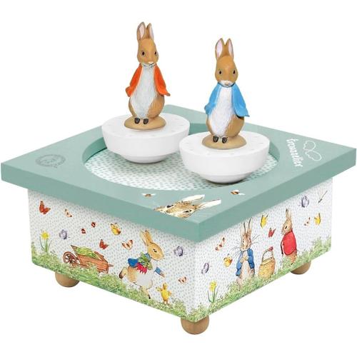 Pierre Lapin Peter Rabbit-Boîte À Musique Bébé Dancing En Bois-2 Figurines Amovibles-Cadeau Naissance Et Bapteme-Musique Menuet De Mozart