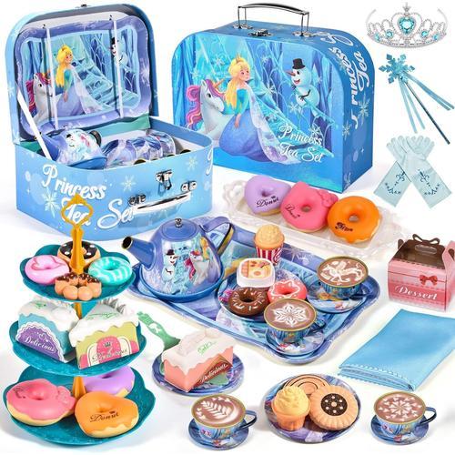 Services À Thé Enfant Fille 49pcs Dinette Métal Avec Jouet De Dessert Donuts Reine Des Neiges Jeux De Cuisine Jeux D'imitation Anniversaire Princesse Cadeau Pour Enfants Filles 3 4 5 6 7 Ans