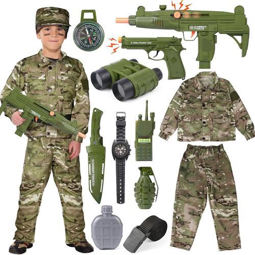 13pcs Déguisement Militaire Garçon Costume Militaire Enfant Costume Armée Garçons Costume Soldat Enfant Avec Talkie-Walkie Mitraillette Chapeau Camouflage Pour Enfants Garçons Filles