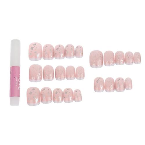 Faux Ongles Rose À Paillettes, 24 Pièces, Décoration De Manucure, Style Mignon, Couverture Complète, Nail Art, Avec Colle 