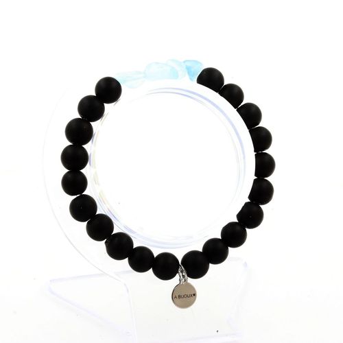 Bracelet Aigue-Marine Du Brésil + Perles Onyx Noir Mat 8 Mm. Fabriqué En France.