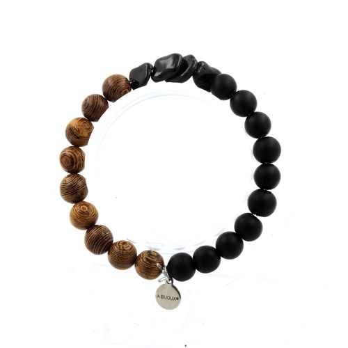 Bracelet Tourmaline Schorl Du Brésil + Perles Onyx Noir Mat + Bois 8 Fabriqué En France.