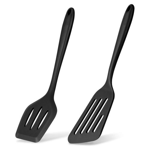 Spatule De Retourneur De Poisson À Fentes En Silicone 2 Pièces, Spatules À Nageoires Pour Ustensiles De Cuisine Antiadhésifs, Cuisson, Résistant À La Chaleur, Noir