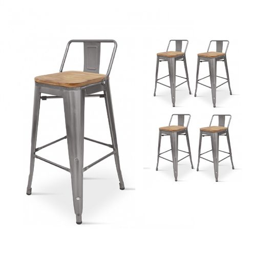 Kosmi - Lot De 4 Tabourets De Bar En Métal Brut Aspect Galvanisé Style Industriel Avec Dossier Et Assise En Bois Clair - Hauteur 66 Cm