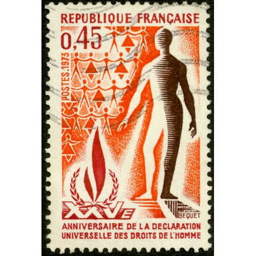 Timbre Oblitéré Xxve Anniversaire De La Déclaration Universelle Des Droits De L'homme,Bequet,République Française,Postes 1973,0,45