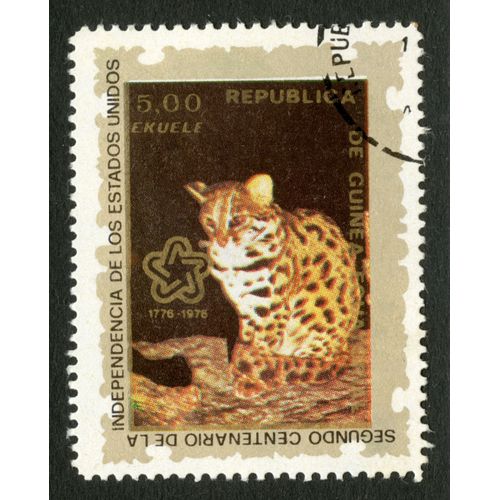 Timbre Oblitéré Republica De Guinea Ecuatorial, Segundo Centenario De La Independencia De Los Estados Unidos, 1776-1976, 5.00 Ekuele