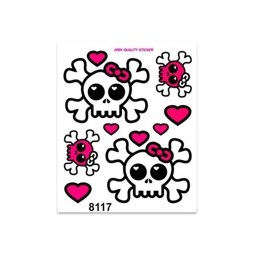 Autocollant Sticker Crânes Coeurs Roses, 14 X 16 Cm