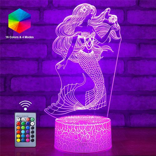 Veilleuse Princesse Sirène En 3d Avec Télécommande, 16 Couleurs, Veilleuse Pour Chambre À Coucher, Lampe De Table, Cadeau D'anniversaire Et De Noël Pour Enfants