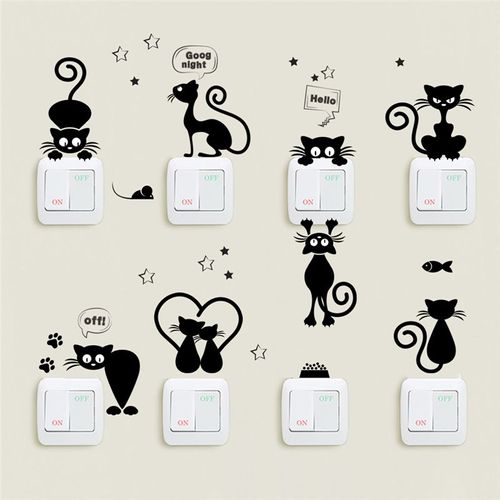 Autocollants muraux en Pvc pour enfants, décoration de la maison, motif de chat mignon, interrupteur de lumière, Stickers muraux en Pvc, Art Mural