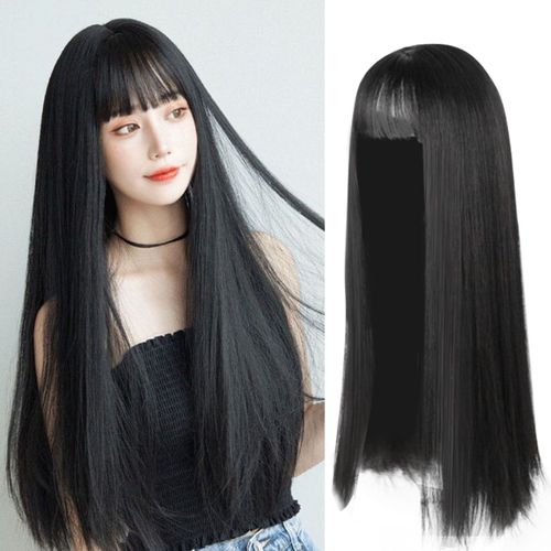 Perruque Pour Femmes, Cheveux Longs Noirs, Couvre-Chef Réaliste, Tempérament Japonais, Extensions De Cheveux, Beauté Étonnante 