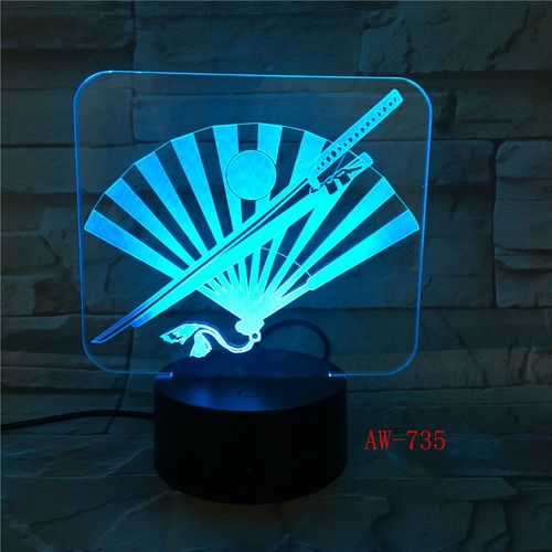 Couteau Japonais Et Ventilateur Lampe 3d Led, Lampes De Nuit Pour Enfants, Touche Usb, Table De Nuit, Cadeau Idéal, 7 Couleurs, Aw-735
