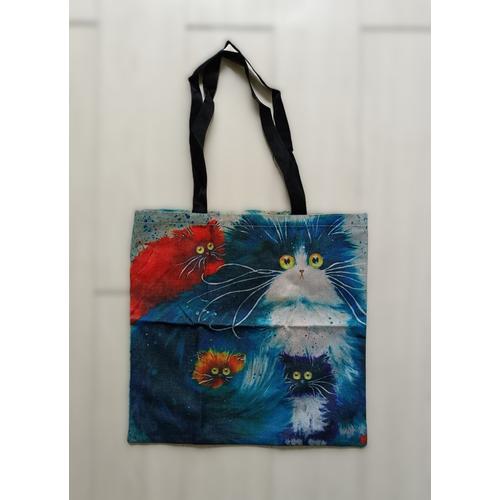 Tote bag famille chats multicolore. Toile. 40,5 x 41 cm