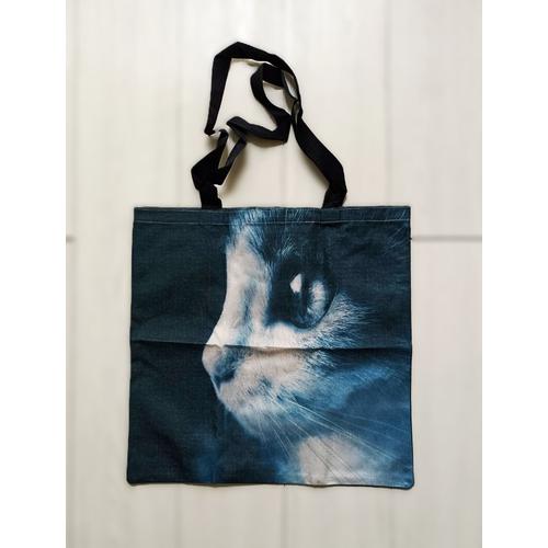 Tote bag profil tete de chat. Regard. Degrade de noir, bleu et blanc. 40 x 42 cm