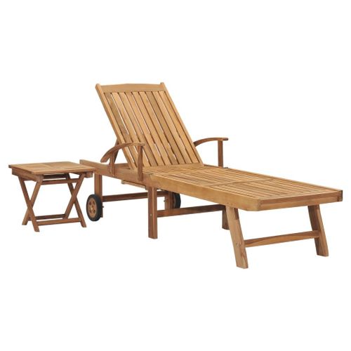 Transat Chaise Longue Bain De Soleil Lit De Jardin Terrasse Meuble D'extérieur Avec Table Bois De Teck Solide Helloshop26 02_0012609