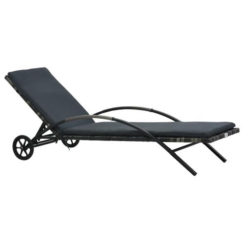 Transat chaise longue bain de soleil lit de jardin terrasse meuble  d'extérieur avec coussin et roues résine tressée anthracite Helloshop26  02_0012445