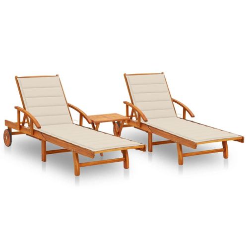 Lot De 2 Transats Chaise Longue Bain De Soleil Lit De Jardin Terrasse Meuble D'extérieur Avec Table Et Coussins Acacia Solide Helloshop26 02_0012119