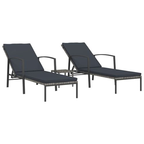 Lot De 2 Transats Chaise Longue Bain De Soleil Lit De Jardin Terrasse Meuble D'extérieur Avec Table Résine Tressée Gris Helloshop26 02_0012125