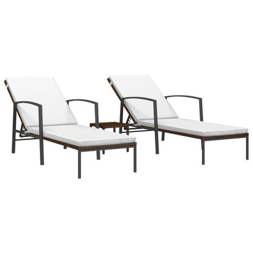 Lot De 2 Transats Chaise Longue Bain De Soleil Lit De Jardin Terrasse Meuble D'extérieur Avec Table Résine Tressée Marron Helloshop26 02_0012129