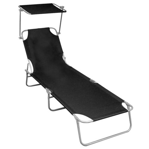 Transat Chaise Longue Bain De Soleil Lit De Jardin Terrasse Meuble D'extérieur Pliable Avec Auvent Noir Aluminium Helloshop26 02_0012830