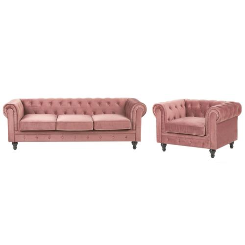 Ensemble Canapé Et Fauteuil En Velours Rose 4 Places Chesterfield