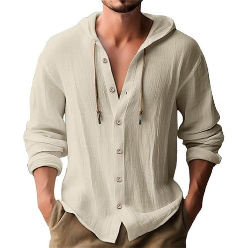 Cardigan À Capuche En Coton Et Lin Pour Homme,Chemise Décontractée,Couleur Unie,Avec Cordon De Serrage,T-Shirt De Plage Ample Tendance Et Polyvalent