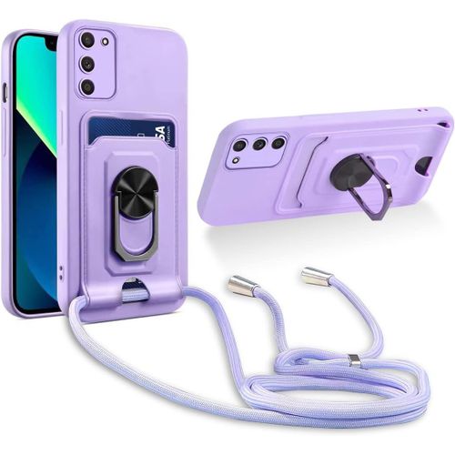 Cordon De Coque Compatible Avec Samsung Galaxy S21 Fe,[Bquille 360¡Ã Rotatif] [Fentes Pour Cartes] Antichoc Rglable Lanyard Silicone Case - Pourpre