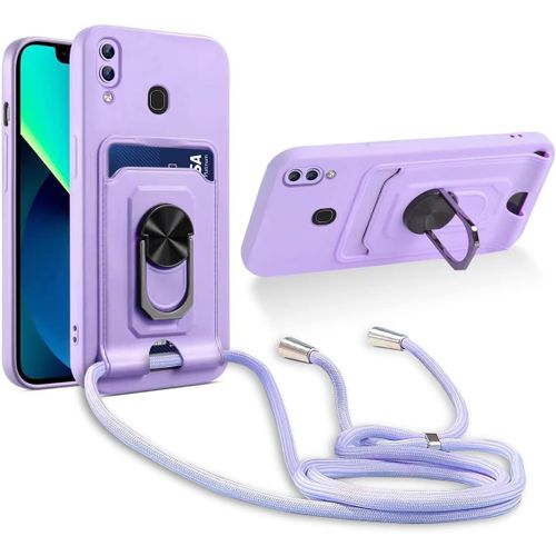 Cordon De Coque Compatible Avec Samsung Galaxy A20/A30,[Bquille 360¡Ã Rotatif] [Fentes Pour Cartes] Antichoc Rglable Lanyard Silicone Case - Pourpre