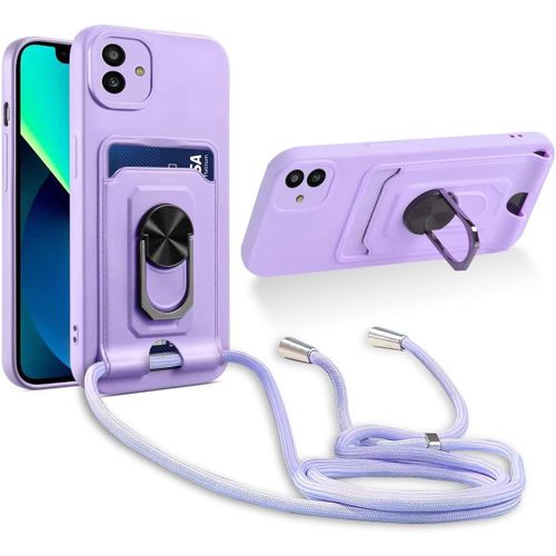 Cordon De Coque Compatible Avec Samsung Galaxy A04/M13 5g,[Bquille 360¡Ã Rotatif] [Fentes Pour Cartes] Antichoc Rglable Lanyard Silicone Case - Pourpre