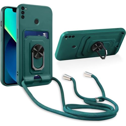 Cordon De Coque Compatible Avec Samsung Galaxy A12/M12,[Bquille 360¡Ã Rotatif] [Fentes Pour Cartes] Antichoc Rglable Lanyard Silicone Case - Vert