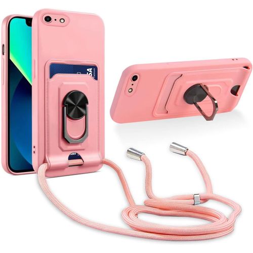 Cordon De Coque Compatible Avec Iphone Se 2022/Iphone 7/8,[Bquille 360¡Ã Rotatif] [Fentes Pour Cartes] Antichoc Rglable Lanyard Silicone Case - Pink