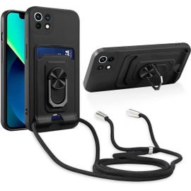Cordon De Coque Compatible Avec Xiaomi Mi 11 Lite 4g / 5g / 5g Ne,[Bquille 360¡Ã Rotatif] [Fentes Pour Cartes] Antichoc Rglable Lanyard Silicone Case - Noir