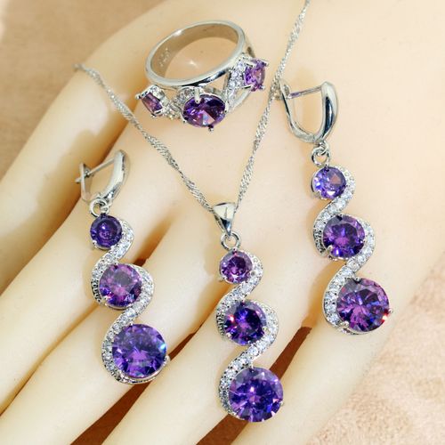 Parure De Bijoux Patients En Argent 925 Pour Femme,Boucles D'oreilles En Cristal Violet,Collier,Pendentif,Bague,Cadeau De Mariage