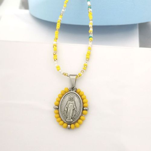 Collier À Breloques De La Vierge Marie En Acier Inoxydable Pour Femmes,Ras Du Cou,Chaîne De Perles,Couleur Or Argent,Bijoux Colorés Arc-En-Ciel
