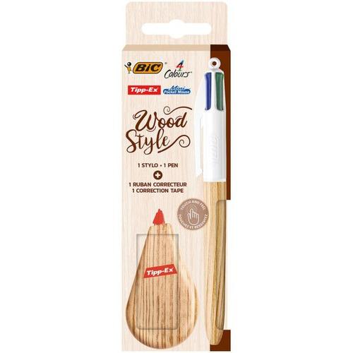 Stylo Bille - 4 Couleurs Bic - Motifs Bois + Mini Souris De Correction Tipp-Ex