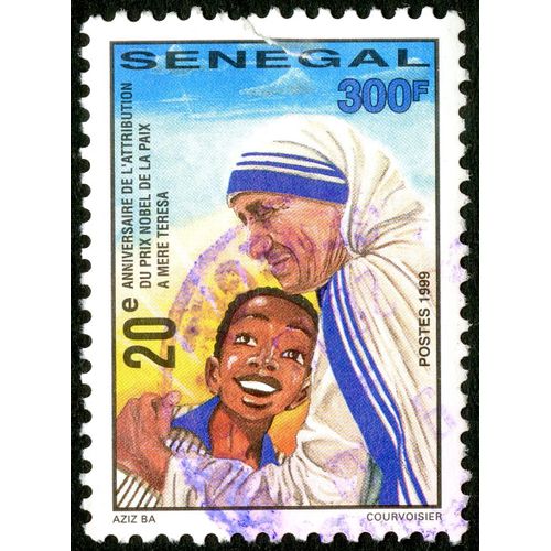 Timbre Oblitéré Sénégal, 20e Anniversaire De L'attribution Du Prix Nobel De La Paix À Mère Teresa, Postes 1999, 300f