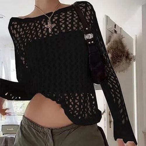 Femme Mesh Blouse Sexy Transparente Tops Moulant À Manches Longues Clubwear Haut En Maille Soirée Elastique
