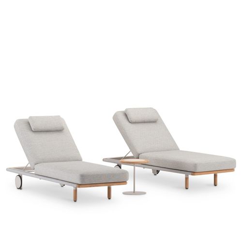 Lot De 2 Chaises Longues Avec Coussin Et Table Alum Beige Et Teck