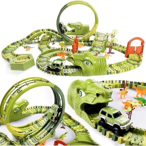 Ensemble de jeu de véhicule de piste de dinosaure, 387 pièces de pistes de train flexibles de dinosaure 2 petites voitures