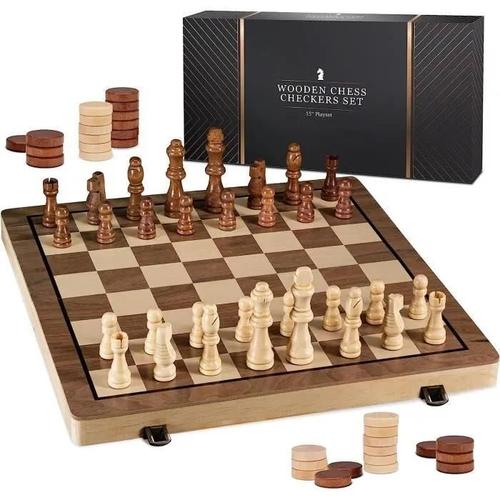 Jeu D\Échecs Et Dames 2 En 1 Echiquier En Bois - Marsee - Jeu De Plateau - Marron Et Beige - 6 Ans Et Plus