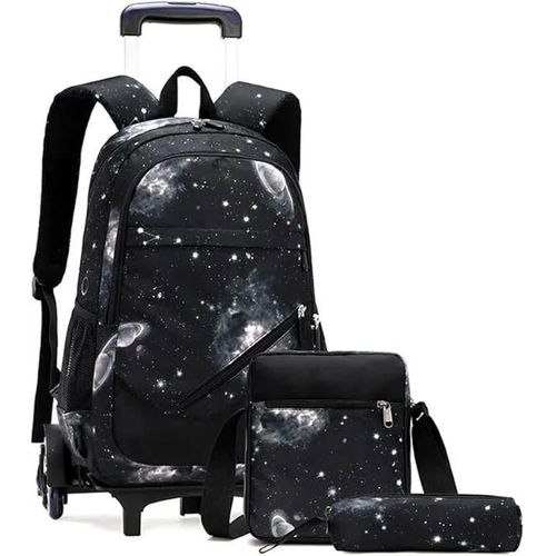 HAOPYOU Trolley Sacs Dos Roulant Chariot Cartable roulettes Sac d39cole Primaire avec 6 CIEL TOIL NOIR 45X30X18CM CARTABLE