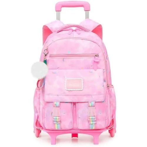 HAOPYOU- Cartable roulettes cartable trolley tanche multicouche joli sac dos enfant rose deux roues ROSE