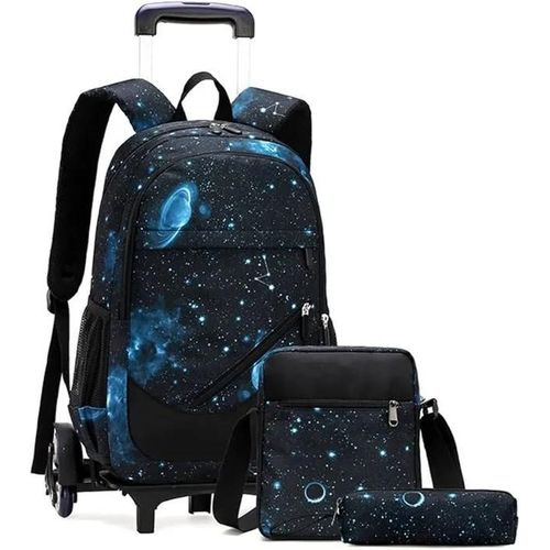 HAOPYOU Trolley Sacs Dos Roulant Chariot Cartable roulettes Sac d39cole Primaire avec CIEL TOIL BLEU NOIR 45X30X18CM CARTABLE