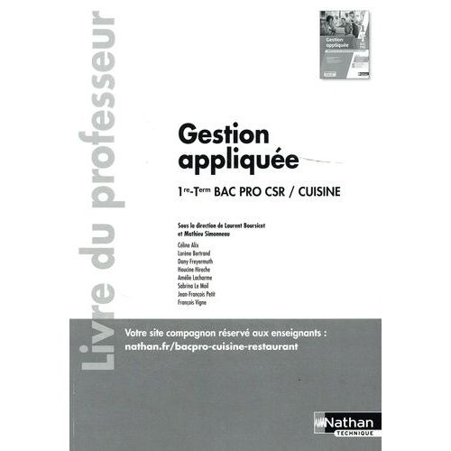 Gestion Appliquée 1re-Term Bac Pro Csr/Cuisine - Livre Du Professeur