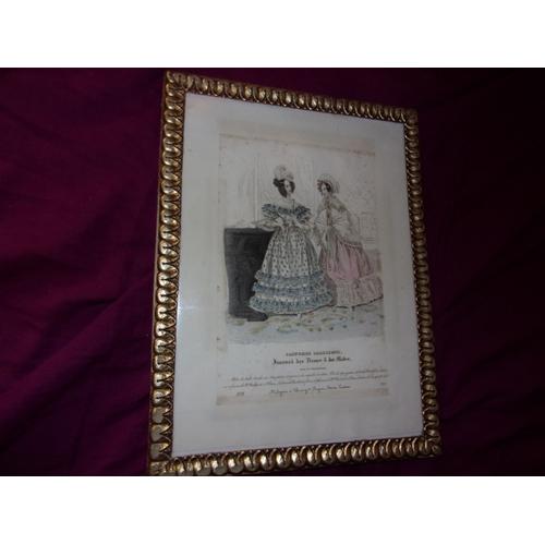 Gravure En Couleur Du Journal Des Dames Et Des Modes De 1838, Robes De Tulle Et De Reps, Encadrée Sous Verre