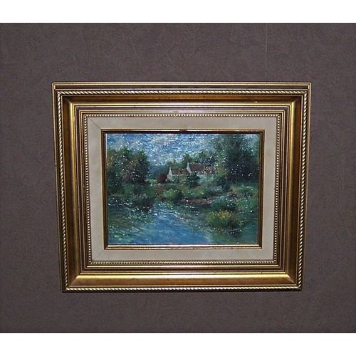 Tableau - Peinture Sur Toile "Hameau et son Etang" - Cadre Doré