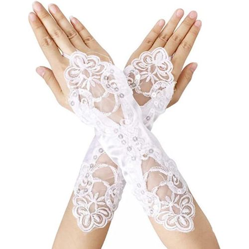 1 Paire De Gants Sans Doigts De Mariée En Satin De Dentelle À Sequins (Blancs), Gants Élégants Pour Femmes, Utilisés Pour Le Mariage, Le Banquet, Le Bal, La Danse, Les Costumes D'opéra