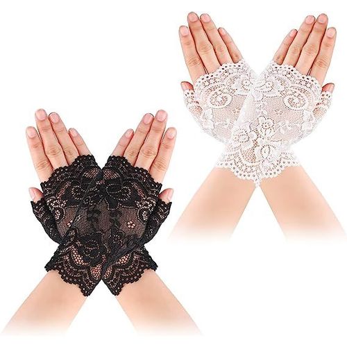 2 Paires De Gants Courts En Dentelle Pour Femmes (Blanc Et Noir), Gants De Fleurs Sans Doigts, Gants De Bal De Mariage, Accessoires Vestimentaires Pour Le Thé